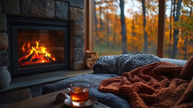 Fototapeta Cozy autumn scene fireplace, tea, blankets, and forest view.