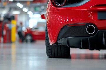Fototapeta premium Mechanic replacing the exhaust system of a sports car 