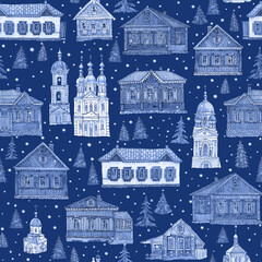 Seamless pattern of fairy tale wooden houses, churches, fir trees. Hand drawn blue pencil sketch on a starry dark blue background