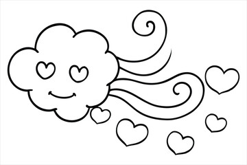 Groovy cloud blowing wind with floating smiley faces and hearts
