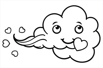 Groovy cloud blowing wind with floating smiley faces and hearts