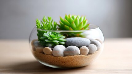 Succulent Garden in Glass Bowl - A tranquil scene of succulents and stones arranged in a clear glass bowl, perfect for home decor or spa settings