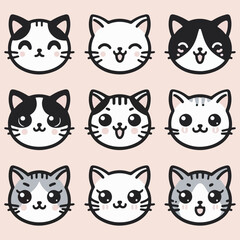 Fototapeta premium A set of cute cat face icons with different expressions and fur patterns 