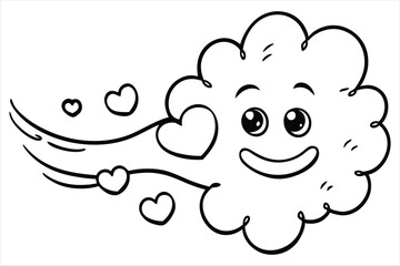 Groovy cloud blowing wind with floating smiley faces and hearts