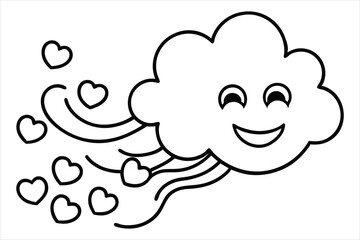 Groovy cloud blowing wind with floating smiley faces and hearts