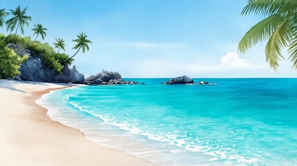 Fototapeta premium Tropical Beach Paradise - Serene tropical beach scene with turquoise water, white sand, palm trees, and rocky shoreline. Perfect for travel, vacation, or summer themes