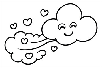 Groovy cloud blowing wind with floating smiley faces and hearts