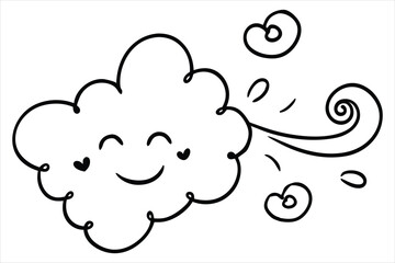 Groovy cloud blowing wind with floating smiley faces and hearts