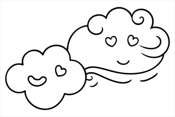 Groovy cloud blowing wind with floating smiley faces and hearts