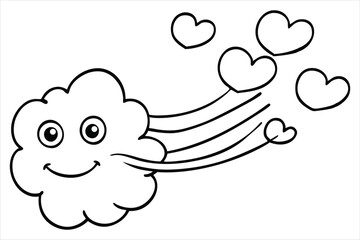 Groovy cloud blowing wind with floating smiley faces and hearts