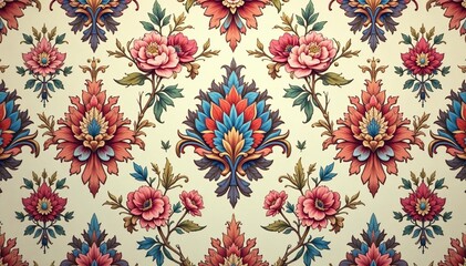 Intricate floral damask pattern in muted tones, interior design, repeat