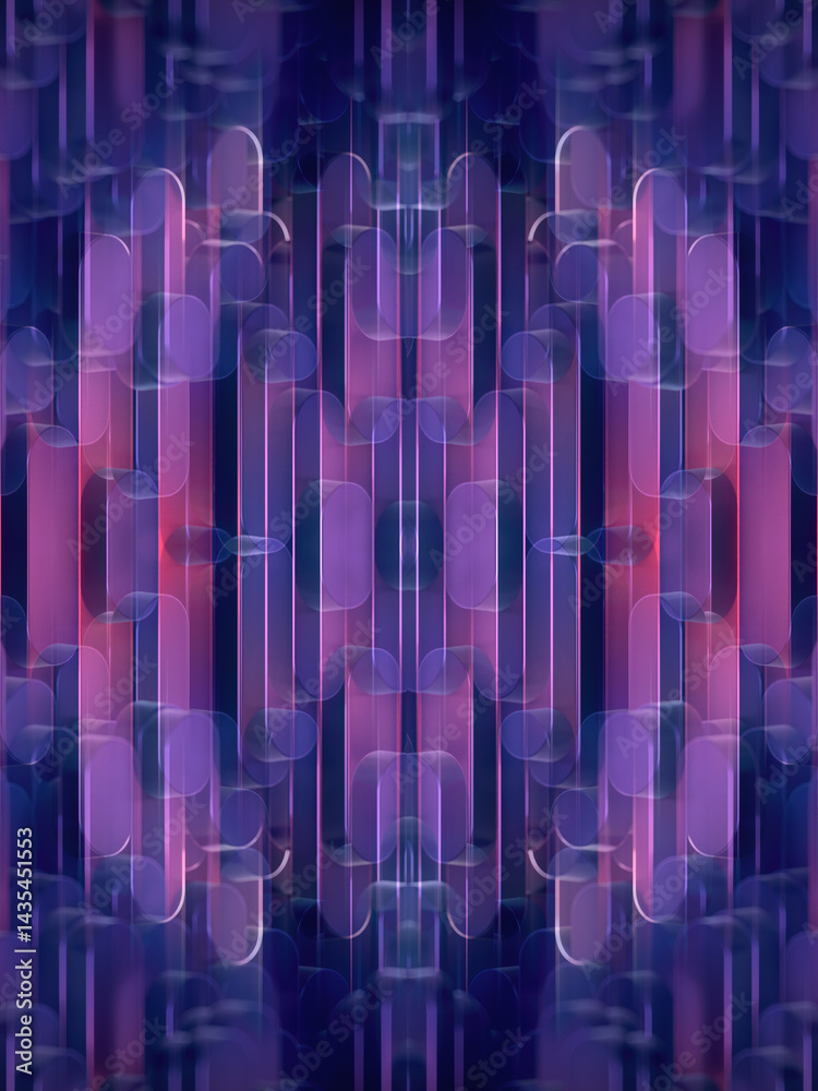 Poster Symmetrical composition of rounded rectangular columns arranged in a dynamic geometric structure. The color palette includes soft transitions from blue to pink. 3d rendering digital illustration
