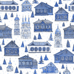 Fototapeta premium Seamless pattern of fairy tale wooden houses, churches, fir trees. Hand drawn blue pencil sketch on a starry white background