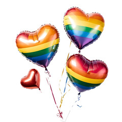 Heart-shaped balloons in rainbow colors symbolizing gay pride, with a long, gently floating string, isolated on a transparent or white background.