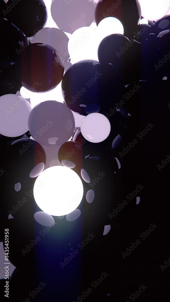 Poster 3d rendering digital illustration of a cluster of black spheres floating in a dark room. They emit a soft white-violet glow that reflects off shiny surfaces, creating an effect of depth and mystery