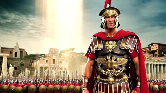 An ancient Roman warlord King, reminiscent of Julius Caesar, stands proudly against the backdrop of a Roman army and cityscape, embodying the spirit of military might, leadership, and empire.