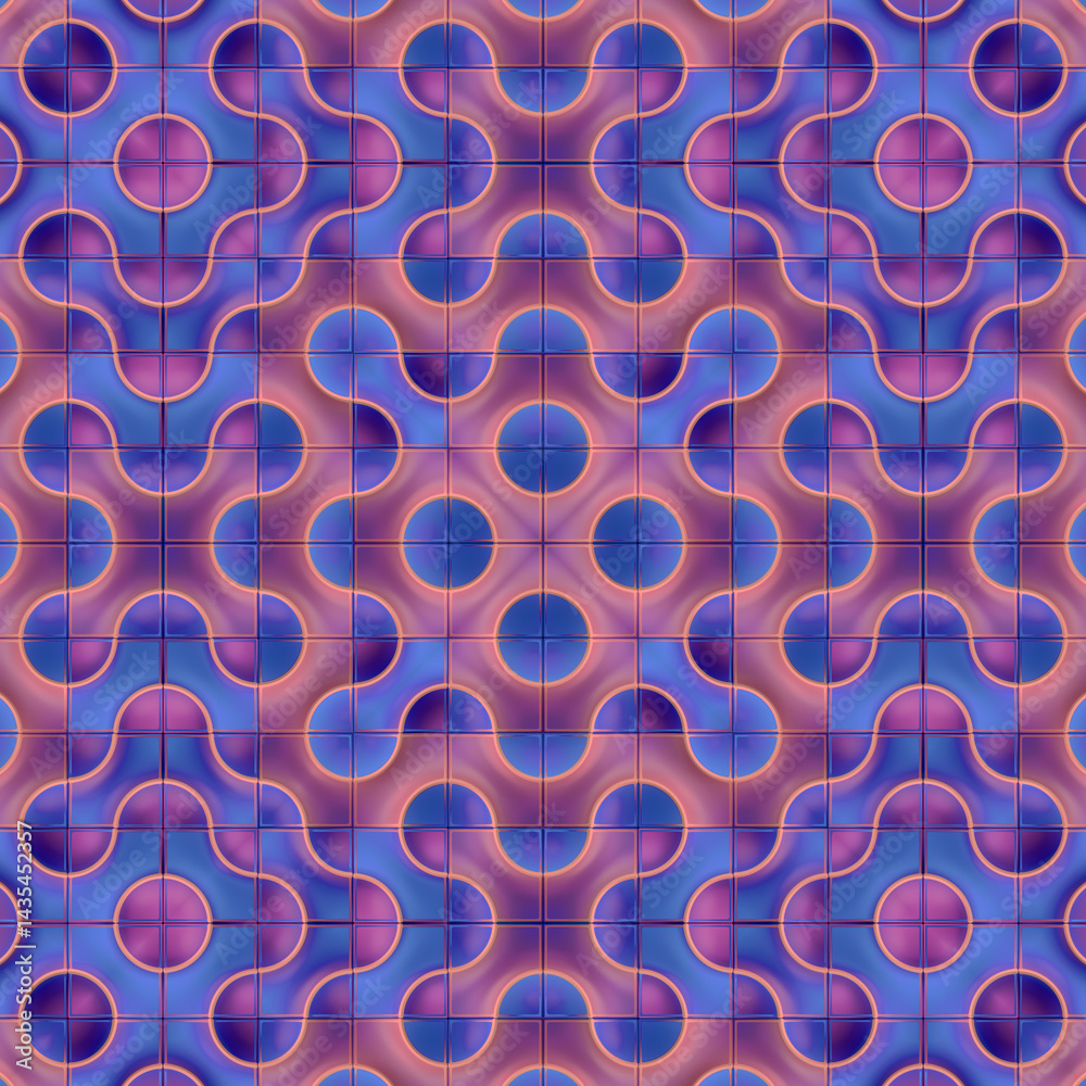 Poster Digital illustration of a symmetrical blue and purple wavy pattern with lines and circles. 3d rendering