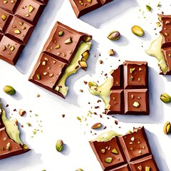 Dubai famous dessert, a chocolate bar pieces with pistachio cream and kadayif filling illustrated in watercolor style.