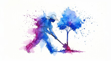 Obraz premium Watercolor illustration showcasing an environment activist planting a vibrant tree