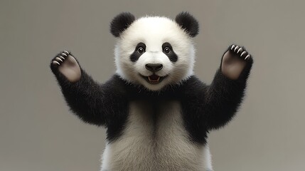 Naklejka premium Playful Panda Portrait Against Gray Background; possible use in children's book, greeting card