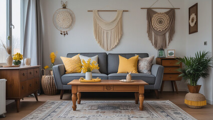 Cozy living room interior with bohemian decorations and natural light and yellow accents