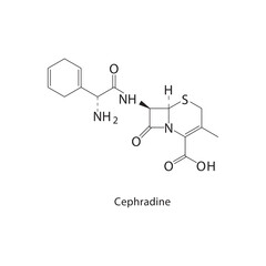 Cephradine skeletal structure. Cephalosporin antibiotic compound schematic illustration. Simple diagram, chemical formula.