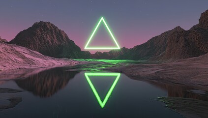 Glowing green triangle reflected in a still mountain lake at twilight