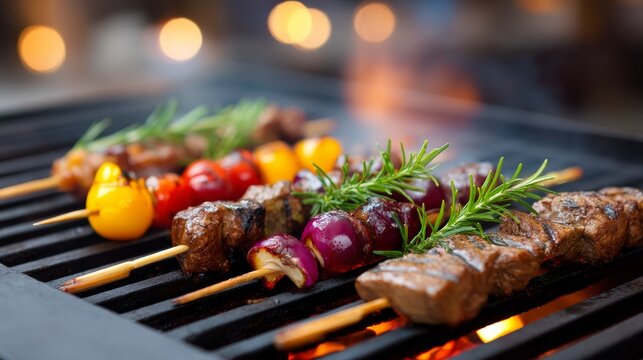 Watercolor Sunset Rooftop BBQ Kebab Party - Delicious grilled kebabs, vibrant sunset, rooftop setting, summer vibes, culinary delight