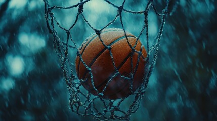 Wet basketball in a hoop during a storm