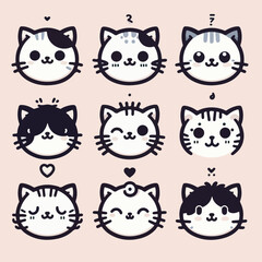A set of  cute cat face icons with different expressions and fur patterns 