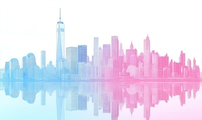 Pastel cityscape reflected in calm water