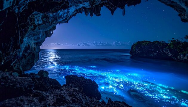 A mysterious cave opening overlooking a glowing lagoon, with bioluminescent waters shimmering under the moonlit sky.