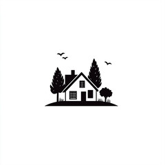 Fototapeta premium Elegant house silhouette illustration with trees and flying birds vector