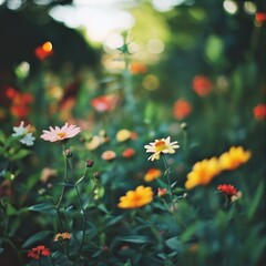 A colorful field of flowers bathed in soft sunlight