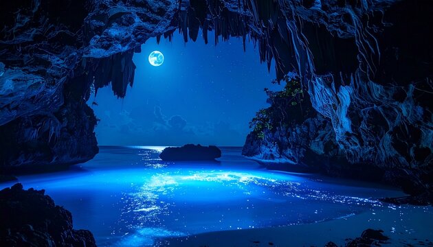 A mysterious cave opening overlooking a glowing lagoon, with bioluminescent waters shimmering under the moonlit sky.