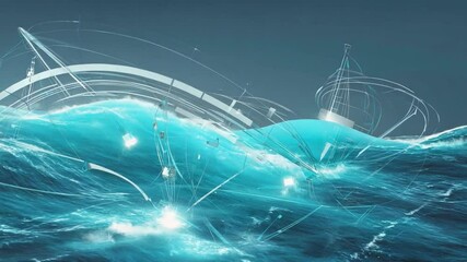 Digital ship navigating rough ocean waves. - Powered by Adobe
