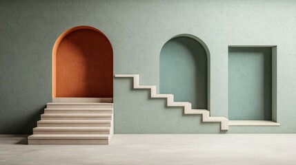 Fototapeta premium A minimalist room with a concrete staircase and two arched doorways.