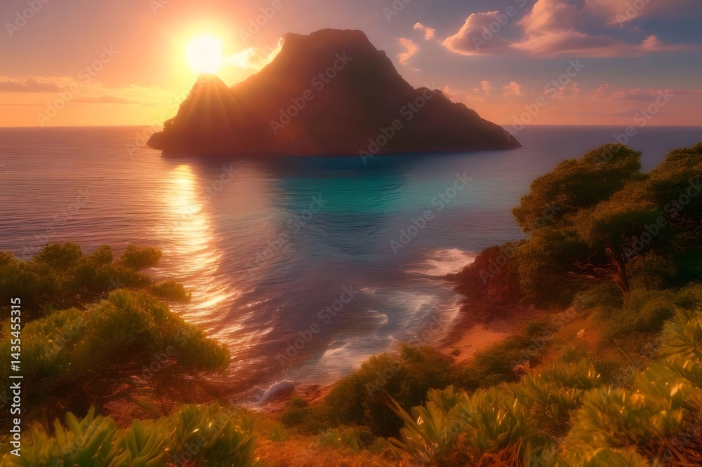 Aufkleber 夕日の光が海に映る美しい島と緑豊かな植物群の風景画 穏やかな夏の日のリラックスした景色