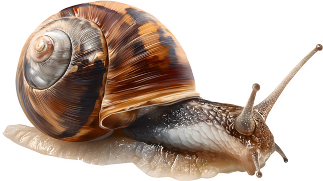 Snail illustrated with spiral shell detail on a transparent background