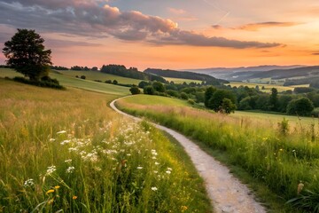 "Tranquil Sunset Escape: Winding Path Through a Green Meadow"

