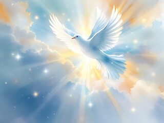 White dove flying toward light, symbolizing Ascension Day. Ideal for faith, hope, peace, and spiritual Christian concepts