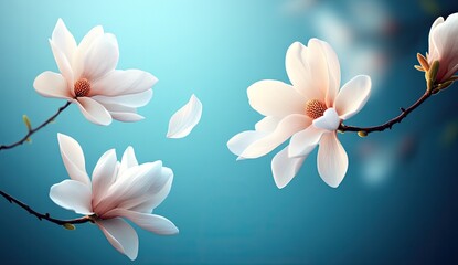 Fototapeta premium Delicate white magnolia blossoms float against a serene teal backdrop. Petals gently fall, adding to the tranquil scene