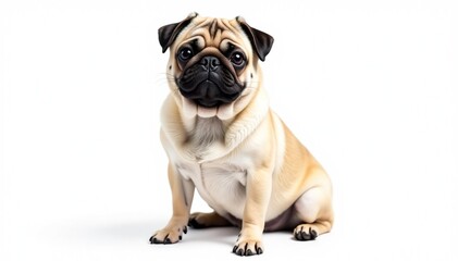 Obraz premium Adorable pug dog sitting, isolated on white background, fluffy, clipart