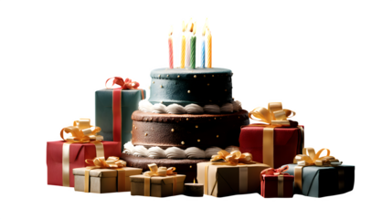 Two-tier birthday cake with lit candles and surrounding presents, isolated on black background