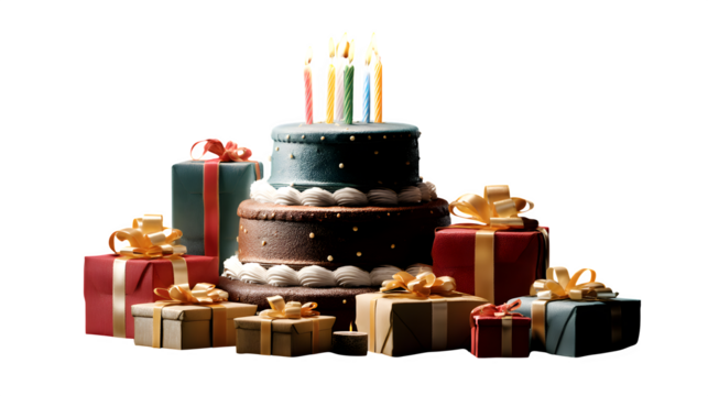 Two-tier birthday cake with lit candles and surrounding presents, isolated on black background