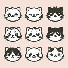 Fototapeta premium A set of cute cat face icons with different expressions and fur patterns 