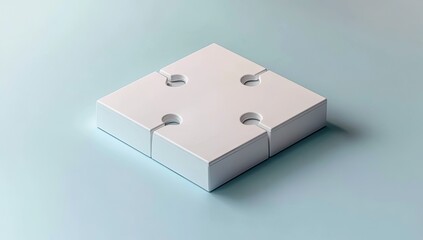 Four white puzzle pieces interlock, forming a square on a light blue background