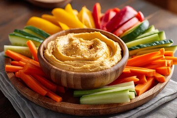 A platter of creamy hummus surrounded by colorful crudit?(C)s like carrots, cucumbers, and bell peppers, creating an inviting and healthy dish.