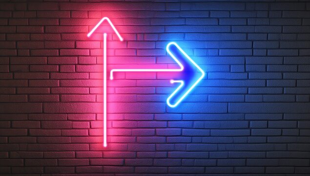 Neon arrows pointing up and right on brick wall