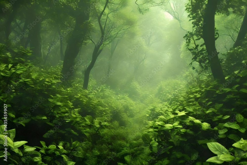 Poster 深い森の中 緑豊かな草木と木々の間を照らす光 幻想的な風景